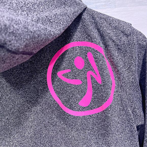 ZUMBA Elegance Full Zip Logo Hoodie Gray Pink Kangaroo Pocket Womens Small - Picture 5 of 9